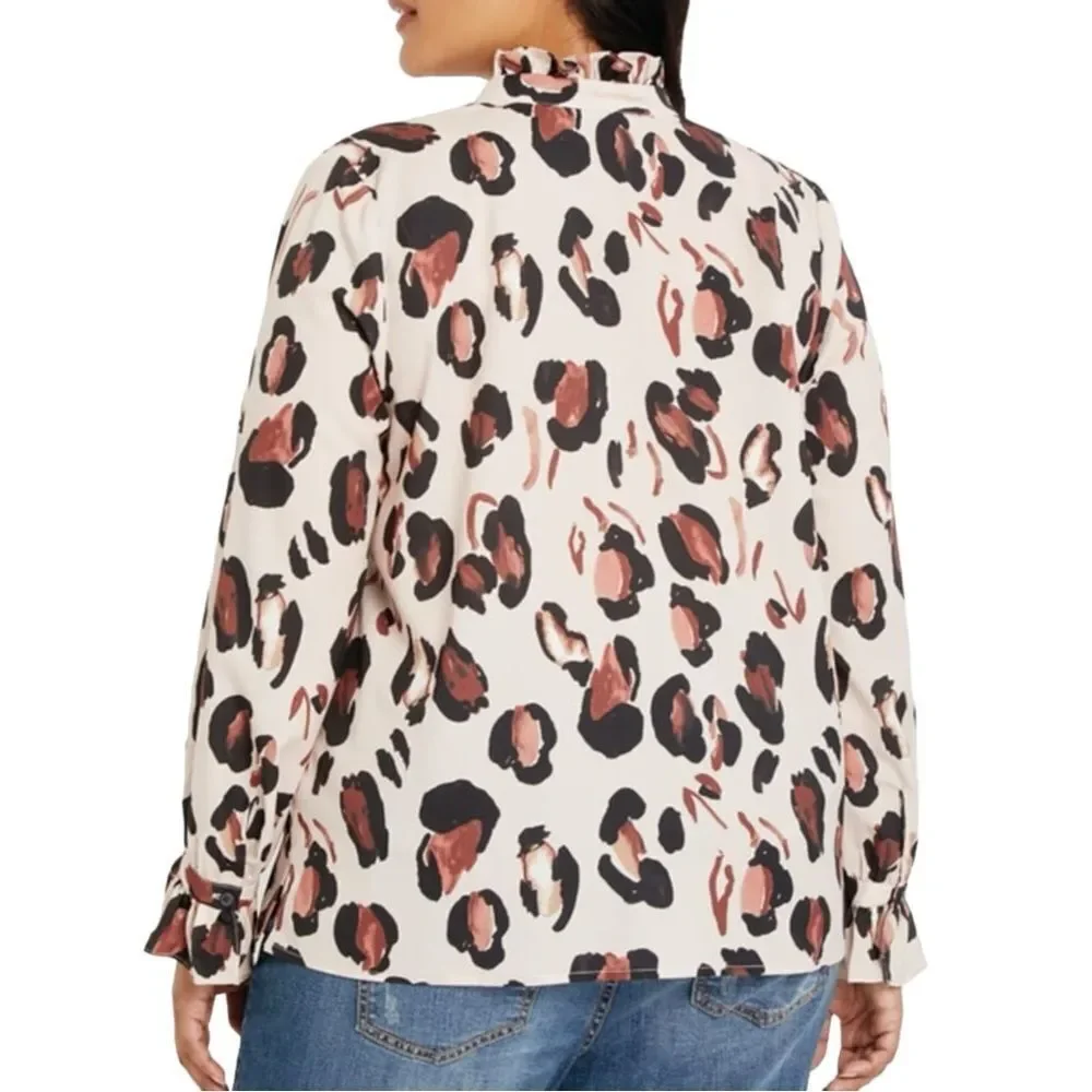 Eloquii Leopard Printed Button Down Shirt with Ruffle Neck - Picture 3 of 6